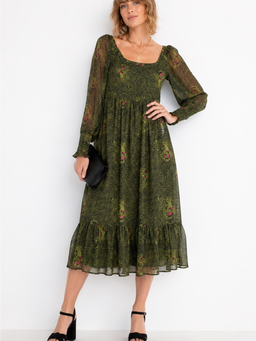 NWT Betsey Johnson Olive Green Animal print leopardLong Sleeve Midi Dress - Med - Picture 1 of 8